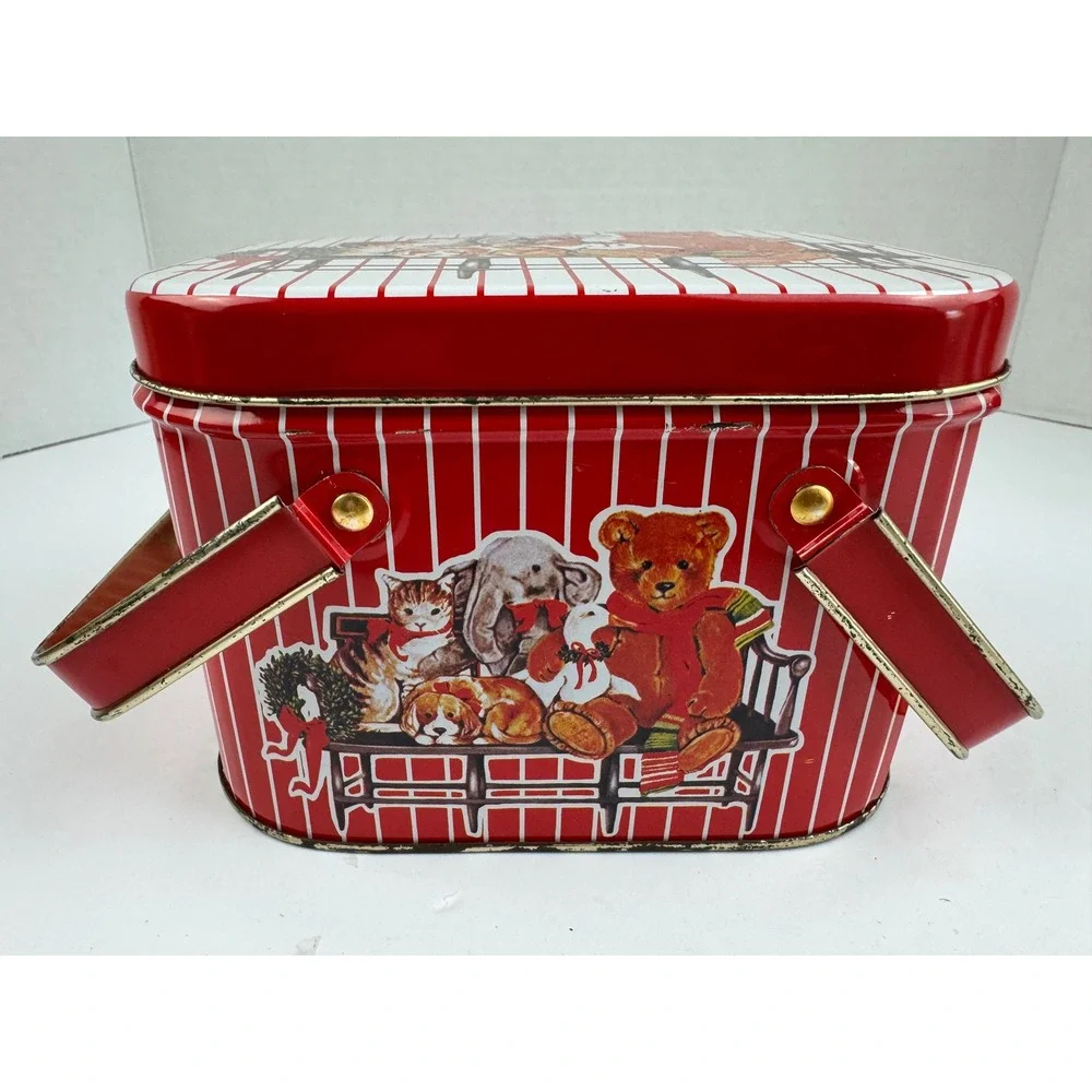 Vintage Christmas Holiday Tin Teddy Bear Cat Dog Picnic Basket Style Red White